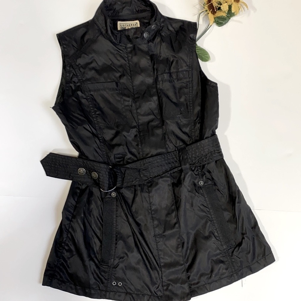 Converse All Star Zip Up Belted Edgy Moto Vest With Snap Collar Black Small EUC